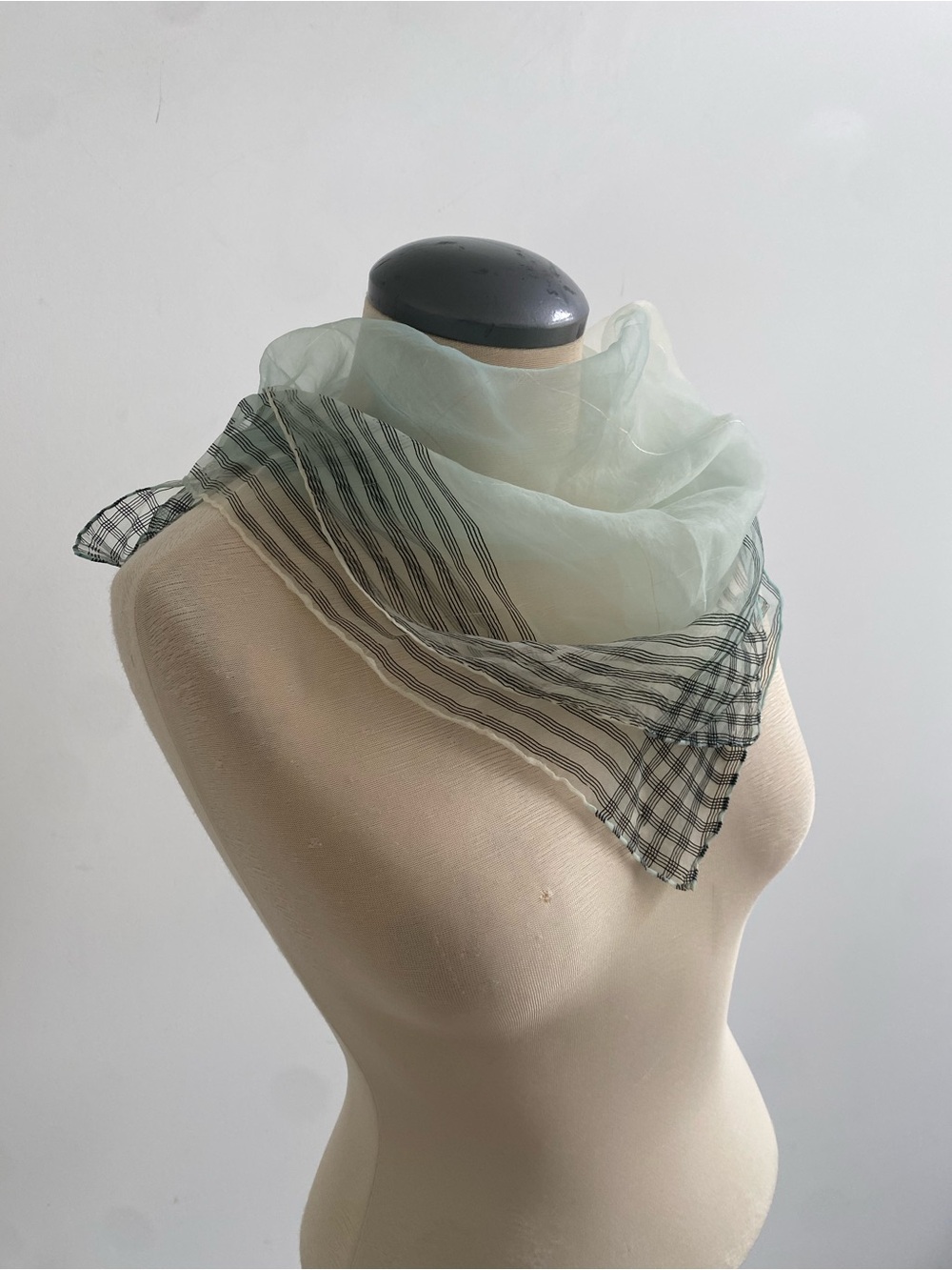 Light Mint Sheer Scarf with Black Check Trim - vintage